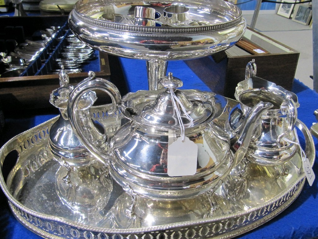 Appraisal: Lot comprising three piece tea service tazza condiments napkin rings