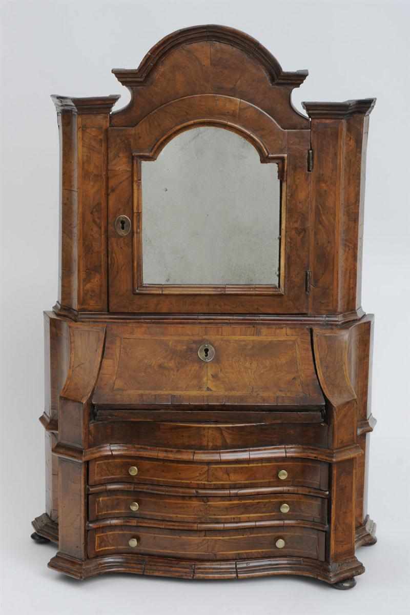 Appraisal: ITALIAN ROCOCO STYLE INLAID WALNUT MINIATURE BUREAU BOOKCASE The upper