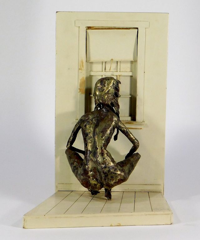 Appraisal: Modernist Metal Sculpture of Nude Woman in Window United States