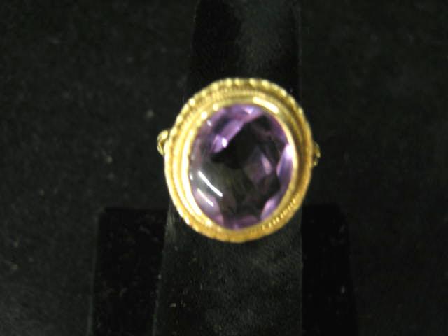 Appraisal: Amethyst Ring cabochon gem in antique k yellow gold filagree