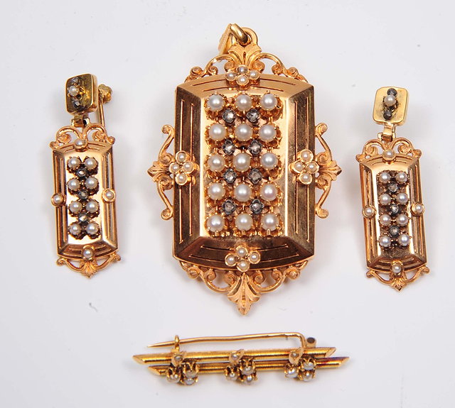 Appraisal: A suite of seed pearl mounted gilt jewelleryincluding a pair