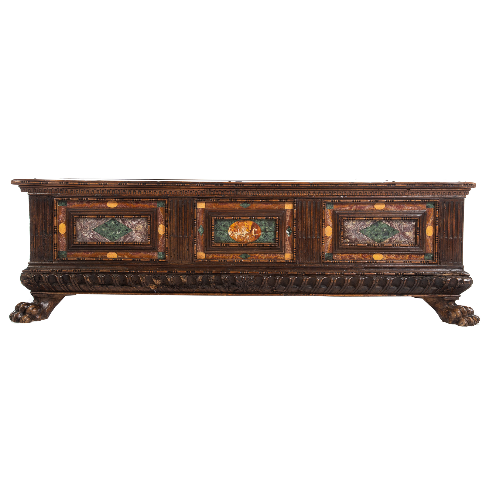 Appraisal: ITALIAN MARBLE INLAID WALNUT CASSONE Walnut case with elaborately carved