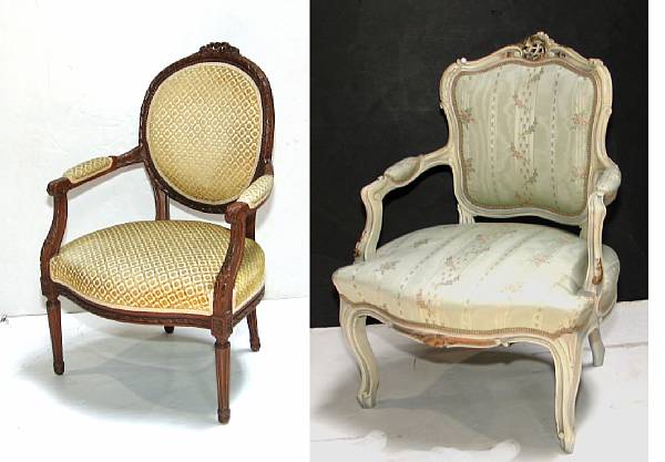 Appraisal: A Louis XV style painted fauteuil together with a Louis