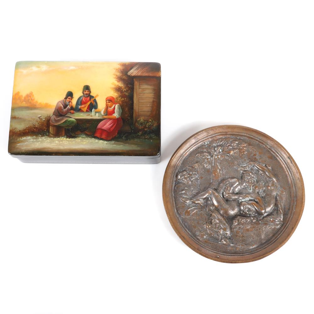 Appraisal: RUSSIAN HAND PAINTED SCENIC LACQUER BOX WITH THREE FIGURES AND