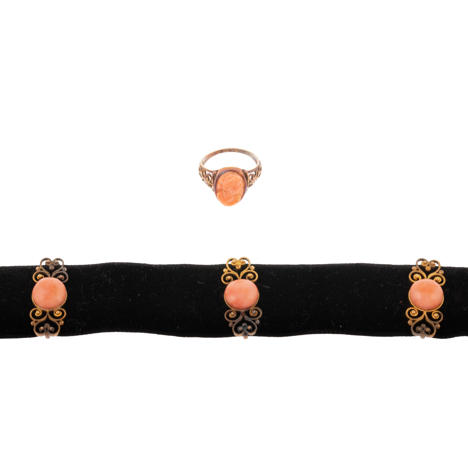 Appraisal: A VICTORIAN VELVET CORAL CHOKER RING Black velvet choker featuring