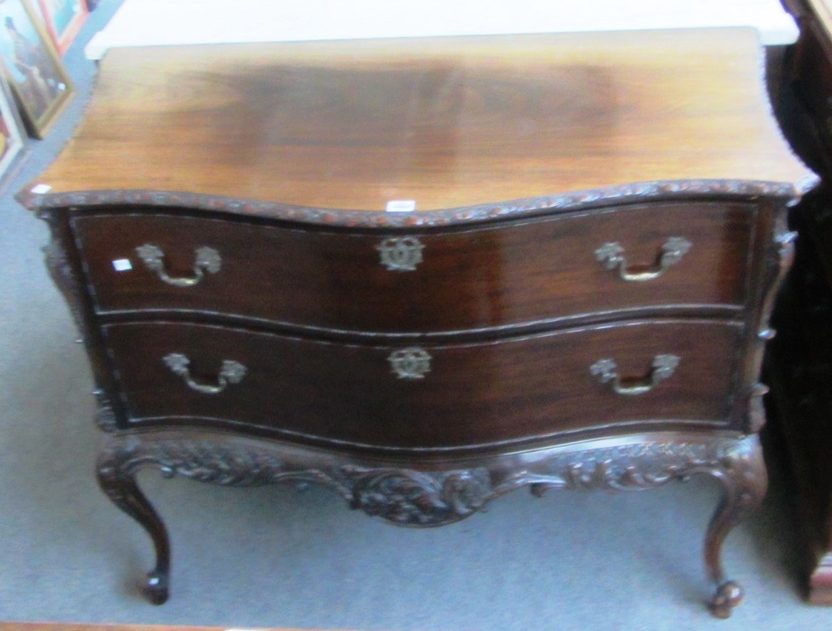 Appraisal: An th century style continental mahogany serpentine two drawer commode