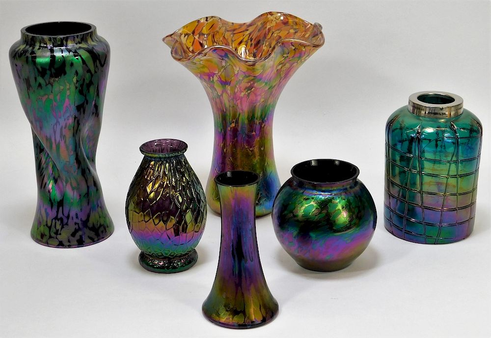 Appraisal: Attr Kralik Oil Spill Bohemian Art Glass Vases Bohemia th