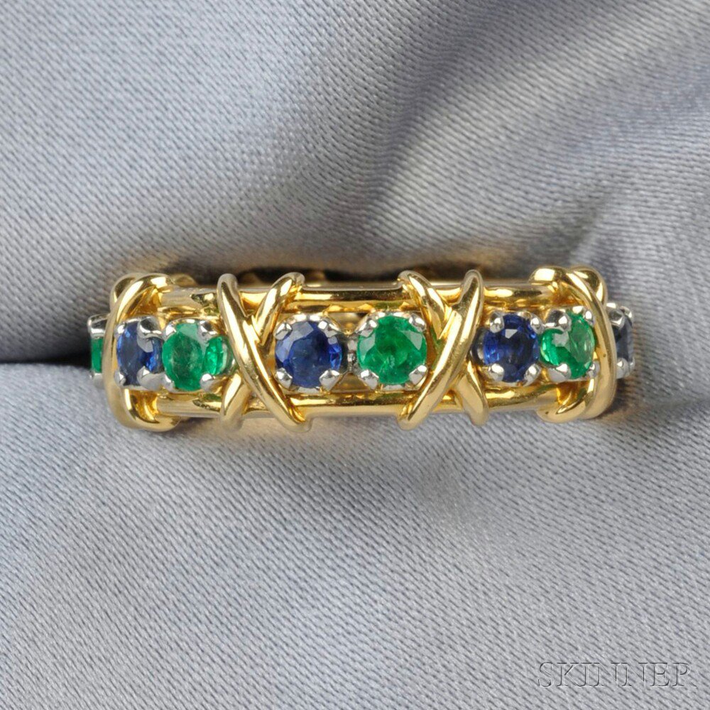 Appraisal: Sapphire and Emerald Band Schlumberger Tiffany Co set with sixteen