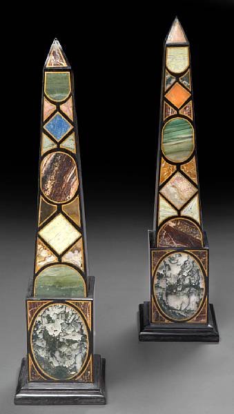 Appraisal: A pair of Grand Tour style pietra dura obelisks Each