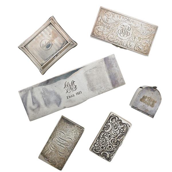 Appraisal: STERLING OR SILVER PLATE STAMP CASES Six English sterling with