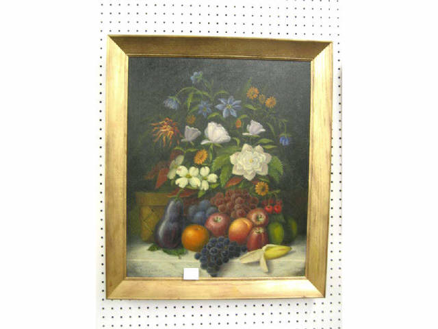 Appraisal: Oil on canvas by Duckworth still life with fruit flowers