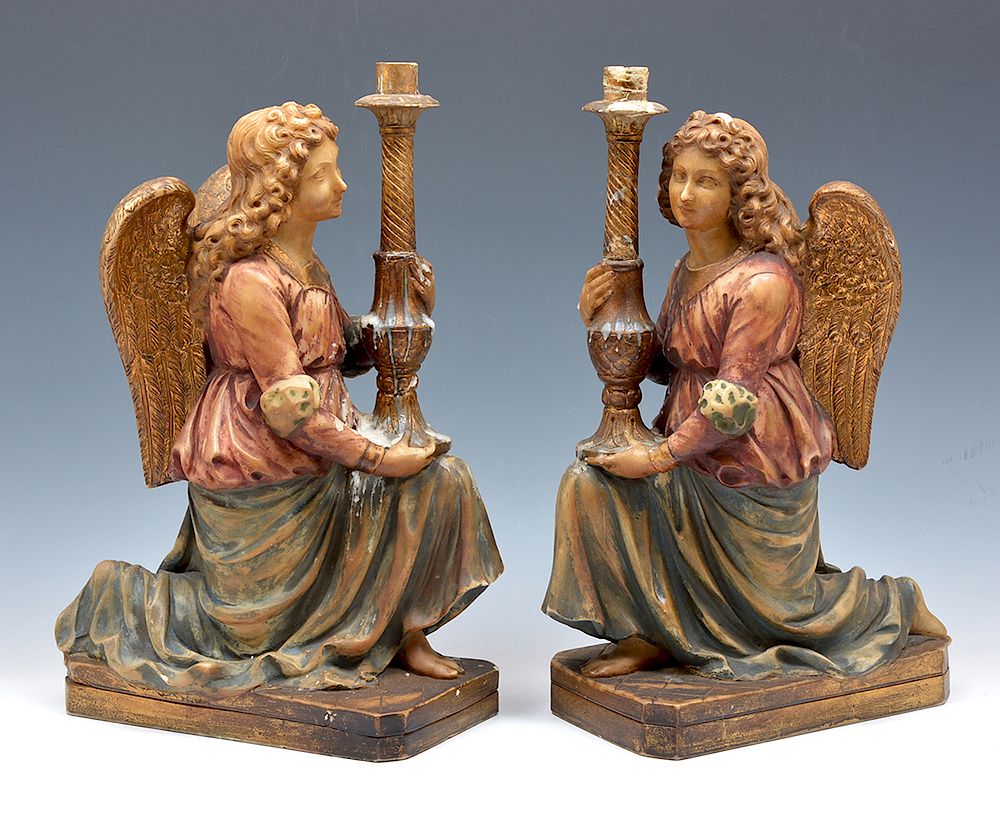 Appraisal: Pair of continental alabaster and polychrome angel form candle holders