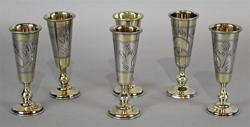 Appraisal: SIX RUSSIAN SILVER LIQUEUR CUPS marks for Kiev maker active