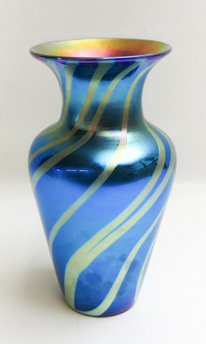 Appraisal: LUNDBERG STUDIOS IRIDESCENT ART GLASS VASE Royal Zebra design engraved