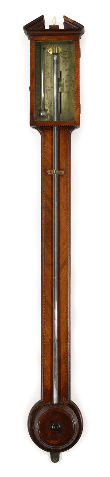 Appraisal: Georgian mahogany stick barometer thermometer early th century The broken