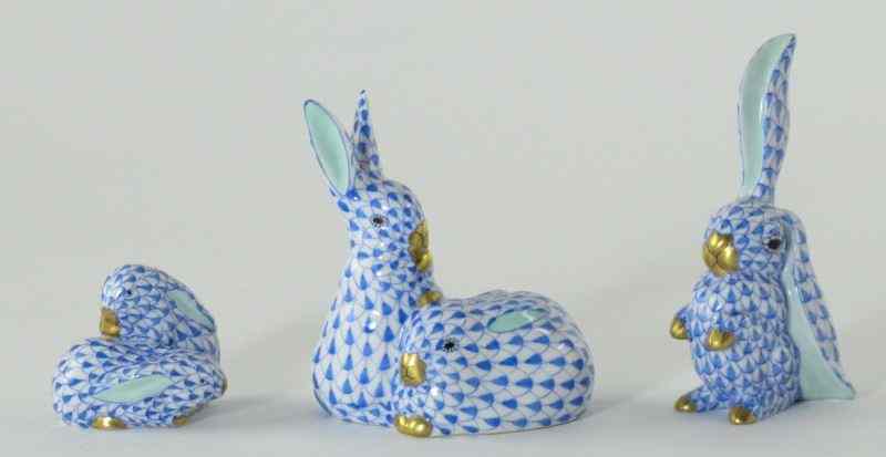 Appraisal: Three Small Herend Rabbitsall of hand painted blue fishnet motif