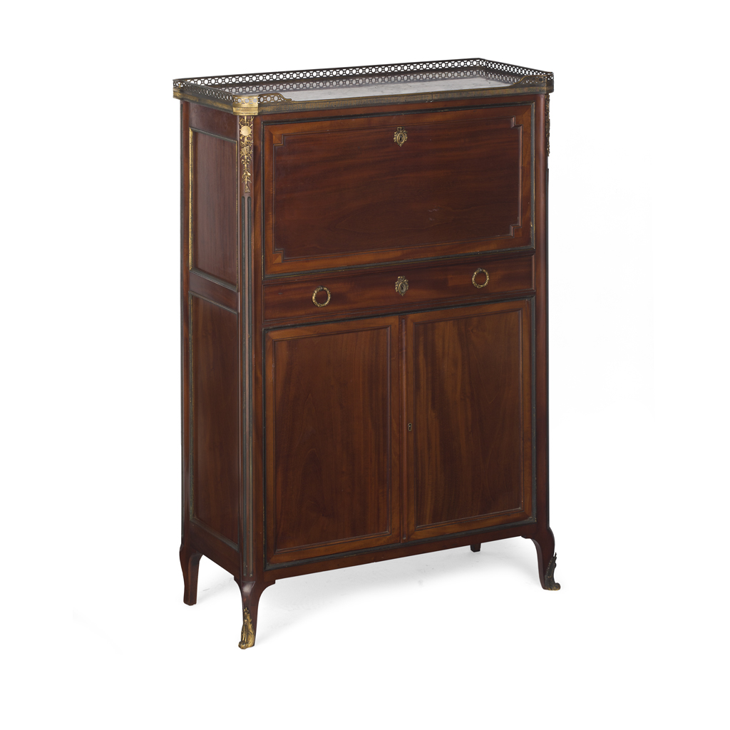 Appraisal: SMALL FRENCH MAHOGANY AND MARBLE SECRETAIRE CABINET BY L GUEUNIERES