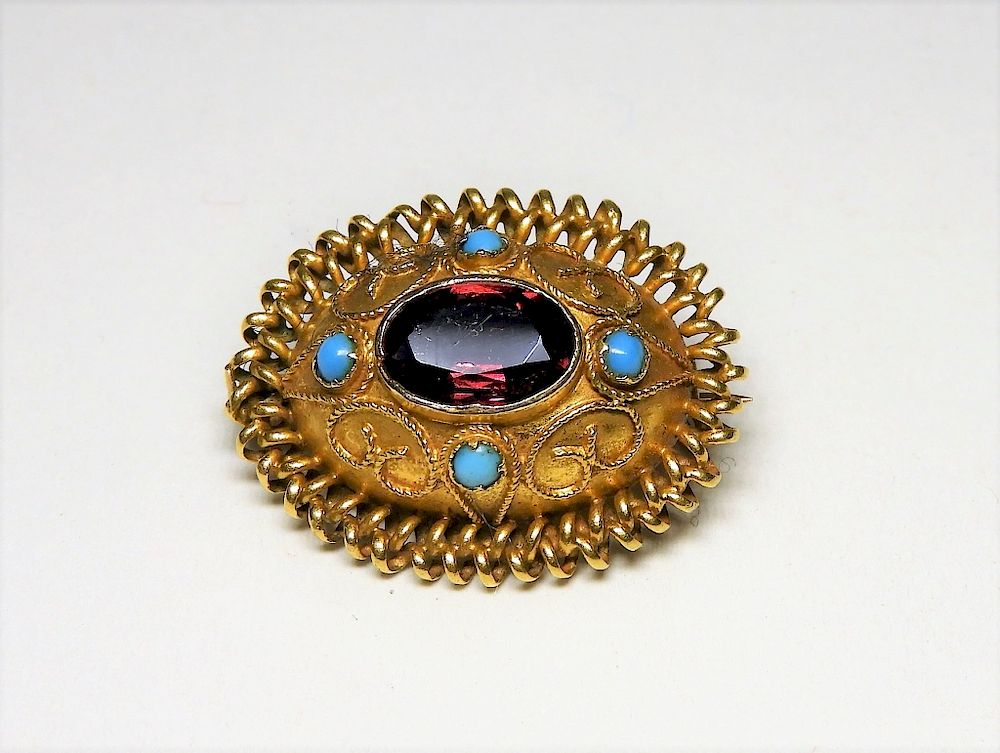 Appraisal: Estate KT Gold Garnet Turquoise Brooch Pin Italy th century