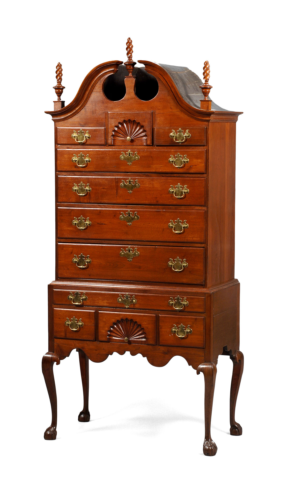 Appraisal: NEW ENGLAND CHIPPENDALE CHERRY BONNET TOP HIGHBOY The upper case