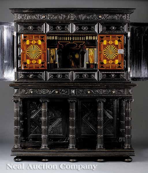 Appraisal: A Louis XIV Carved Ebonized Inlaid and Paint-Decorated Library Cabinet