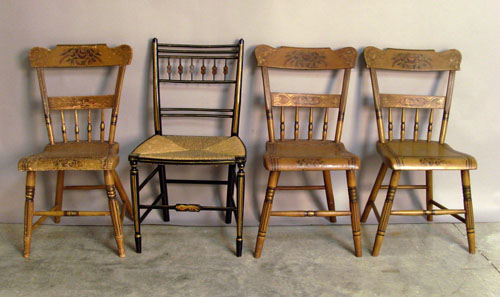 Appraisal: Three painted plank seat chairs together with a single chair