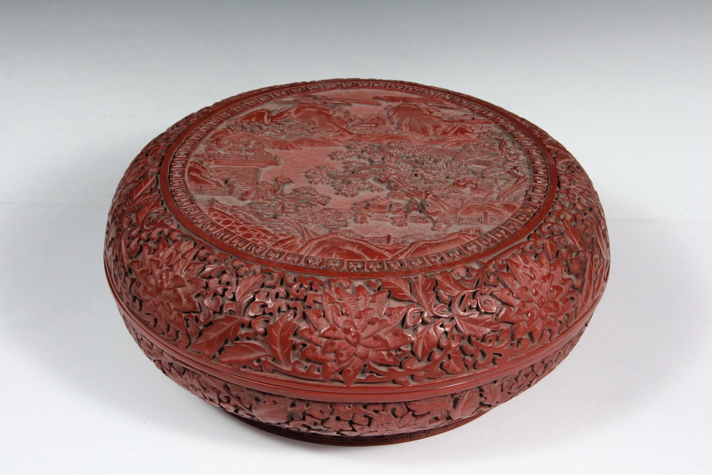 Appraisal: LARGE CINNABAR BOX - Fine Quality Round Clamshell Box having