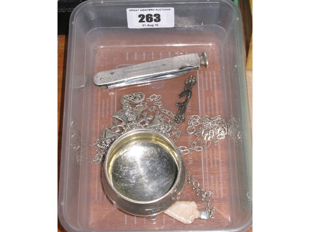 Appraisal: Box of miscellania - silver pipe knife salt pendant etc