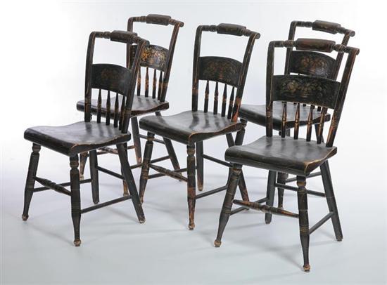 Appraisal: FIVE SIDE CHAIRS Stencil decorated chairs of typical form in