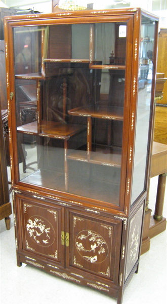 Appraisal: CHINESE INLAID ROSEWOOD DISPLAY CABINET the top section having six