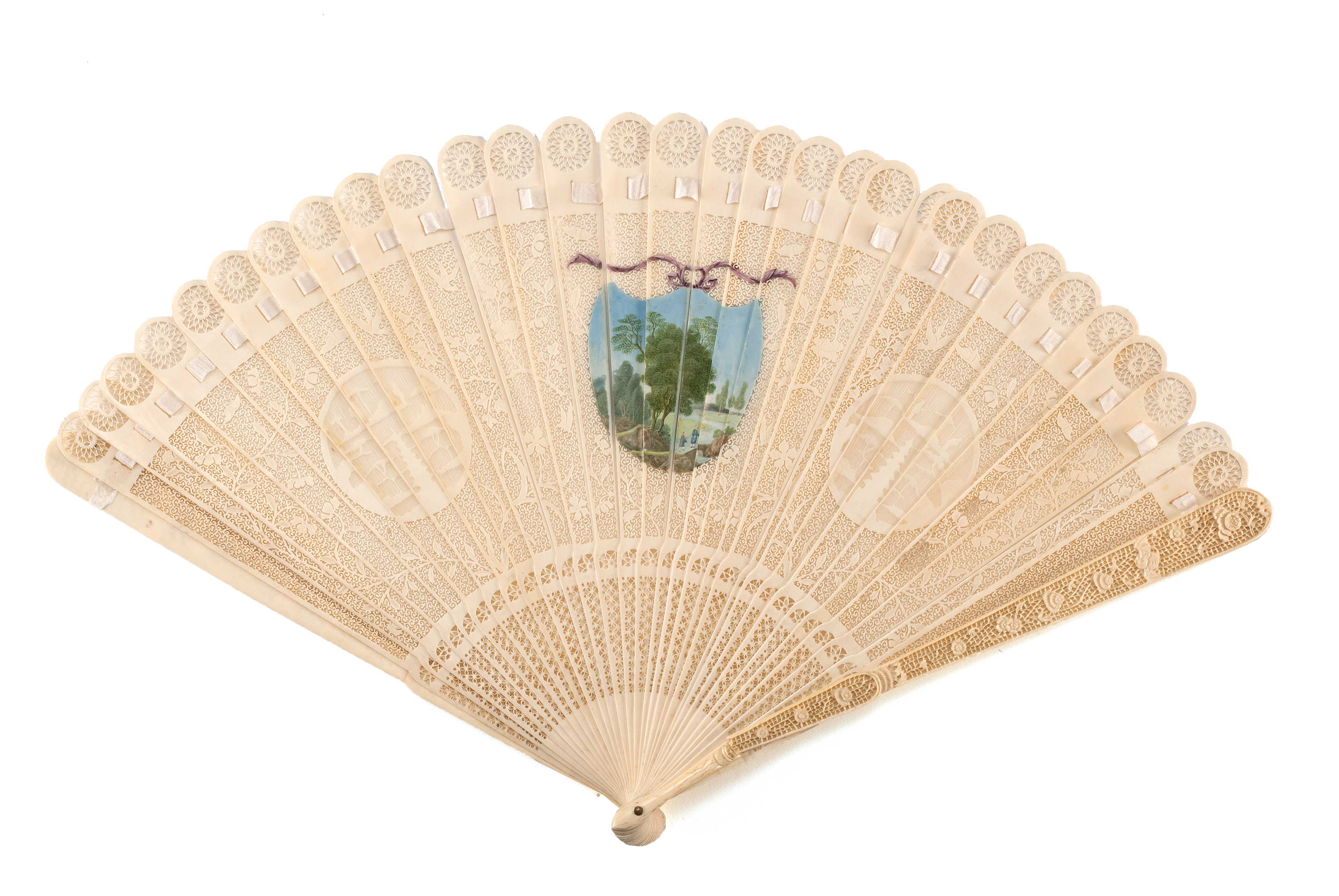 Appraisal: EXQUISITE PIERCED IVORY BRIS FAN Canton Circa Intricately pierced design