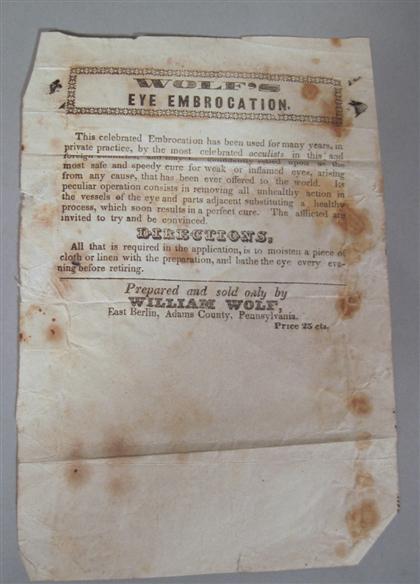 Appraisal: piece Printed Advertising Sheet Wolf's Eye Embrocation East Berlin Adams