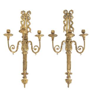 Appraisal: Pair Louis XVI style gilt bronze -light sconces th c