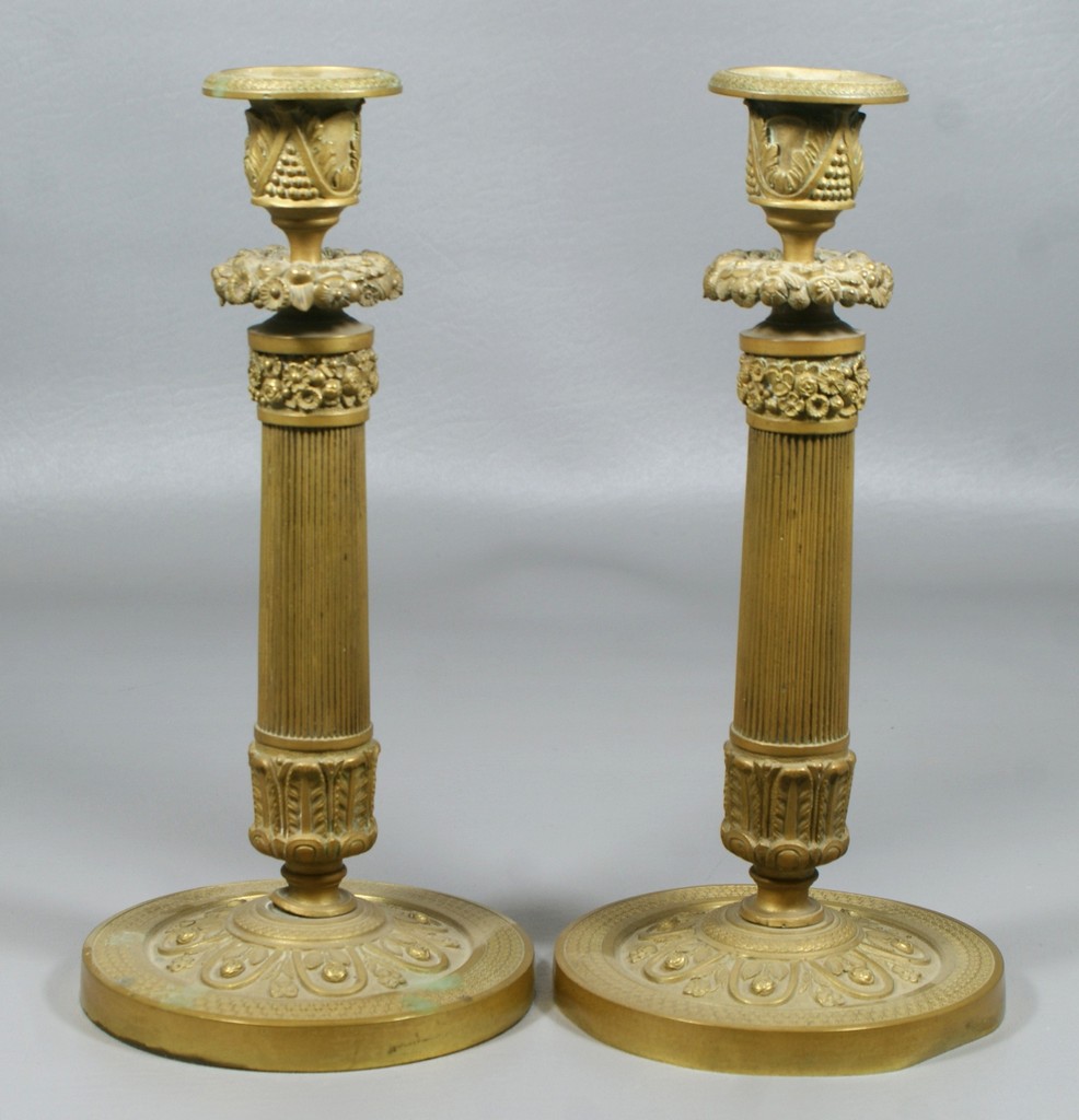 Appraisal: Pr gilt bronze French column form candlesticks th c h