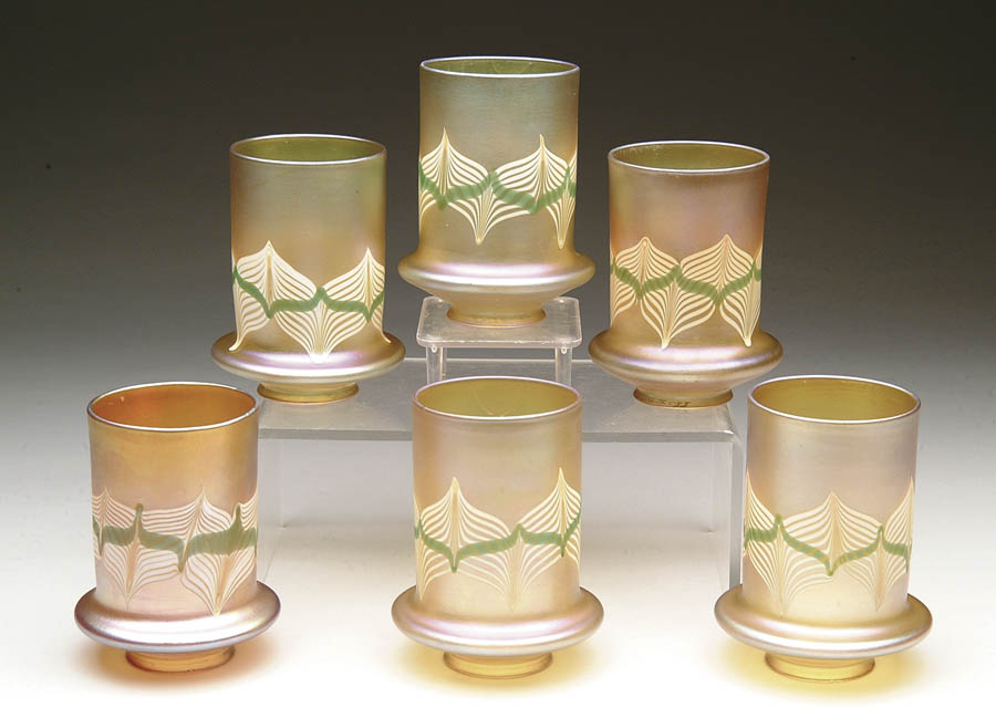 Appraisal: SIX DECORATED QUEZAL ART GLASS SHADES Roberts set of six