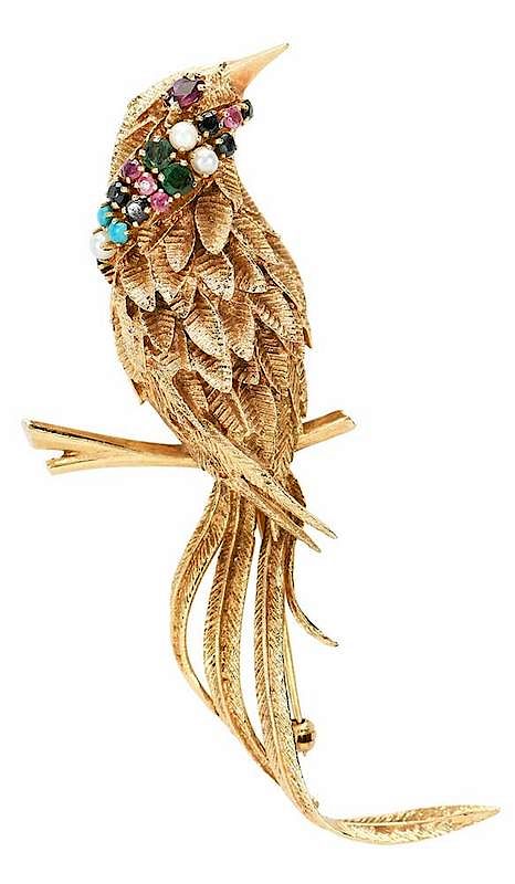 Appraisal: Retro kt Gemstone Bird Brooch gemstones including pearl turquoise sapphire