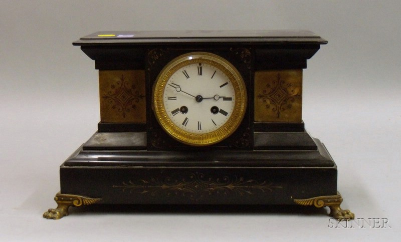 Appraisal: French Black Marble Mantel Clock inset taupe marble decoration with