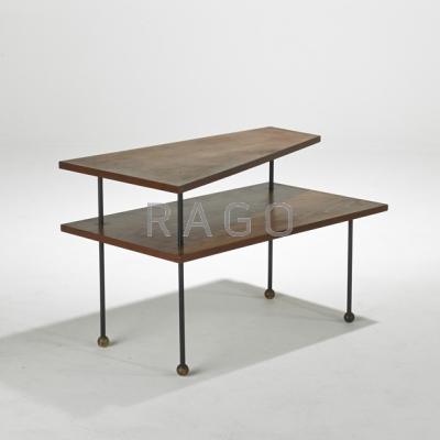 Appraisal: GRETA GROSSMAN Tiered side table USA s Walnut and enameled