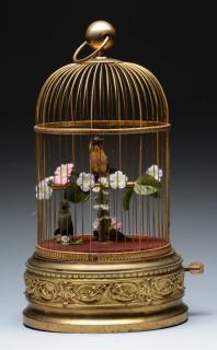 Appraisal: Large Double Bird in Cage Automaton Both birds articulate correctly