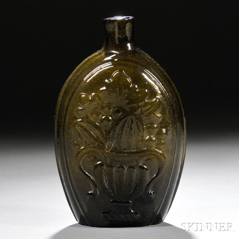 Appraisal: Olive Green Blown-molded Cornucopia Urn Pictorial Glass Flask Coventry Glass