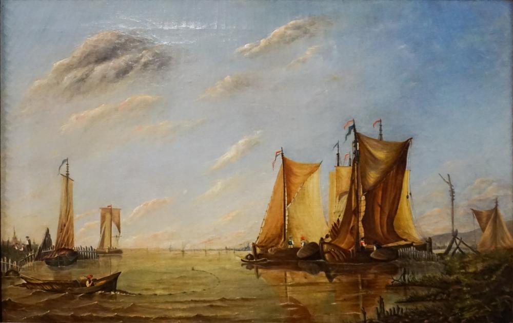 Appraisal: European School Late th Century Inlet Scene with Fishing Boats