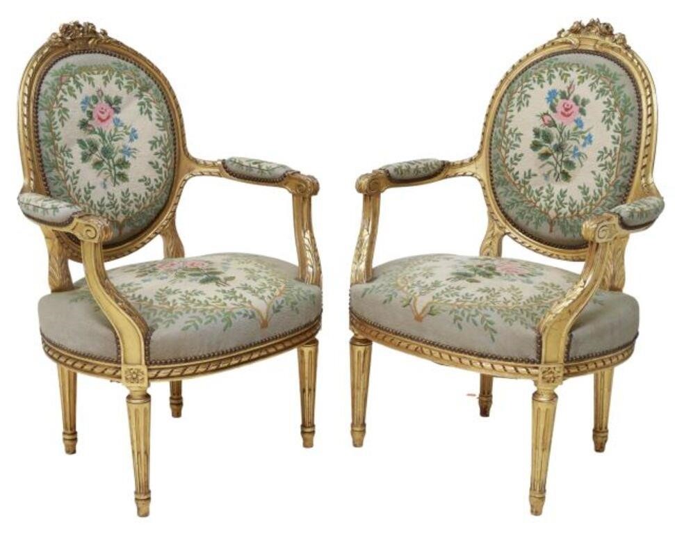 Appraisal: pair French Louis XVI style giltwood fauteuils late th c