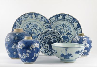 Appraisal: Chinese blue and white porcelain Comprising three ovoid prunus vases