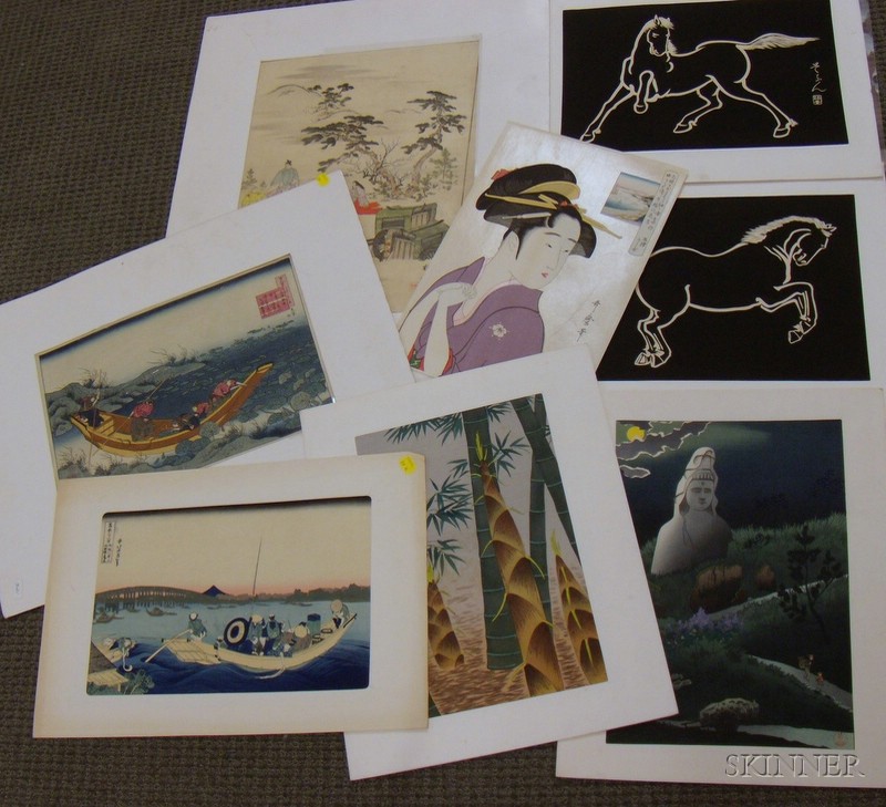 Appraisal: Eight Unframed Asian Woodcuts Prints including figures in a boat