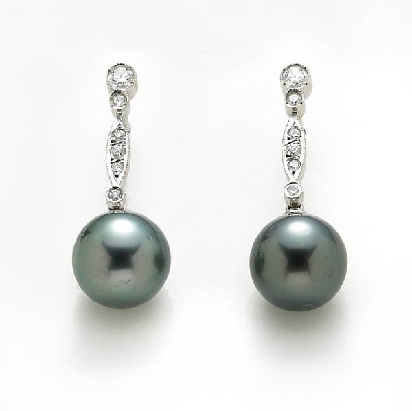 Appraisal: A pair of colored cultured pearl diamond and k white