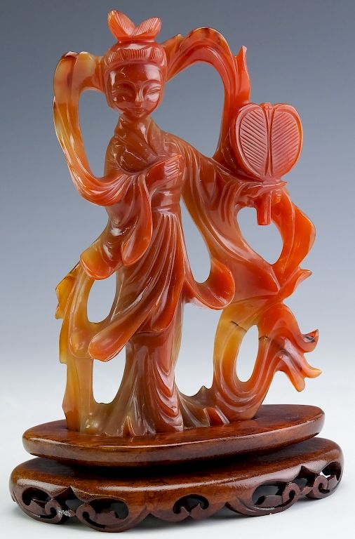 Appraisal: Chinese H-Carved Carnelian Agate Quan Yin Statue Carved Chinese carved