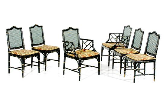 Appraisal: Regency style black lacquer and cane chair set circa comprised