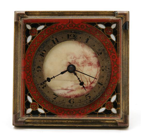 Appraisal: Continental Gilt Metal and Enamel Travel Clock of square form