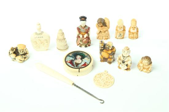 Appraisal: THIRTEEN IVORY ITEMS INCLUDING NETSUKES Asian and European late th-early