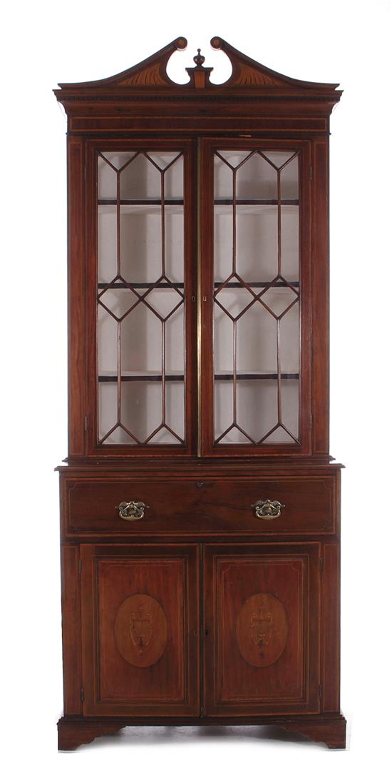 Appraisal: Sheraton style inlaid mahogany bureau bookcase circa broken-arch pediment pair