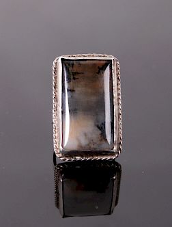 Appraisal: Silver Ring w Large Polished Dark Agate Stone For your